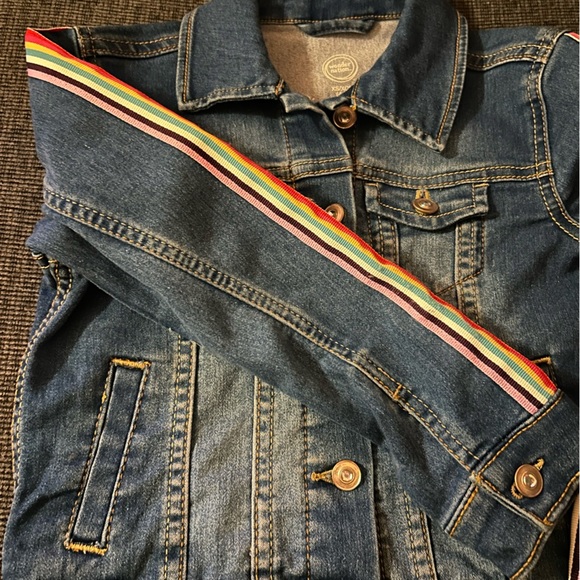 Wonder Nation Blue Denim Jacket with Rainbow Sleeves Girls Size XS(4-5) - Picture 9 of 9